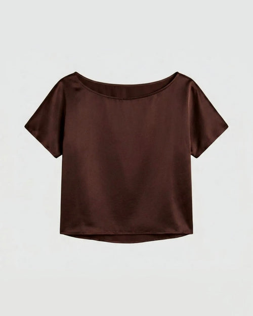 silk boat neck top in cocoa