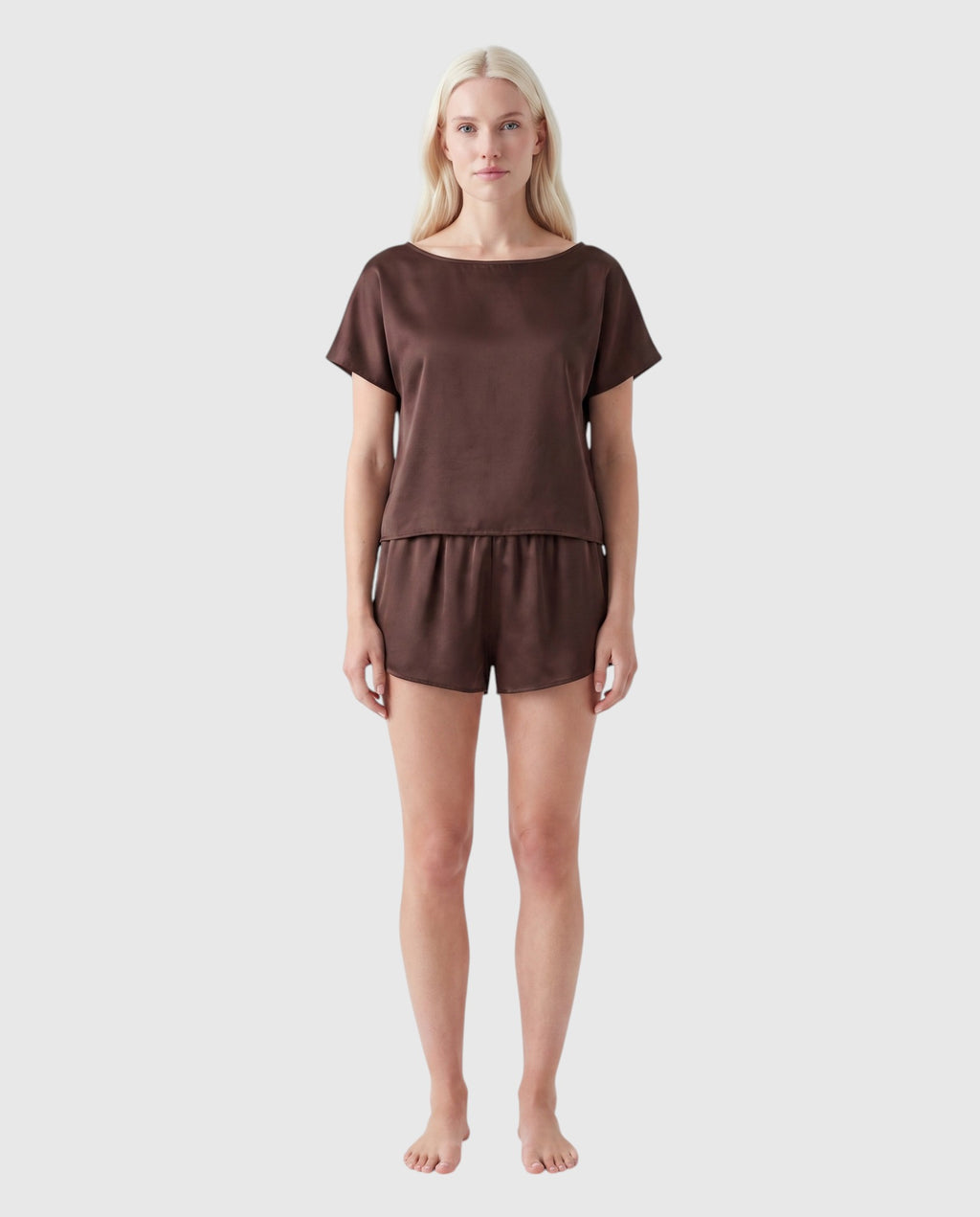 silk boat neck top in cocoa