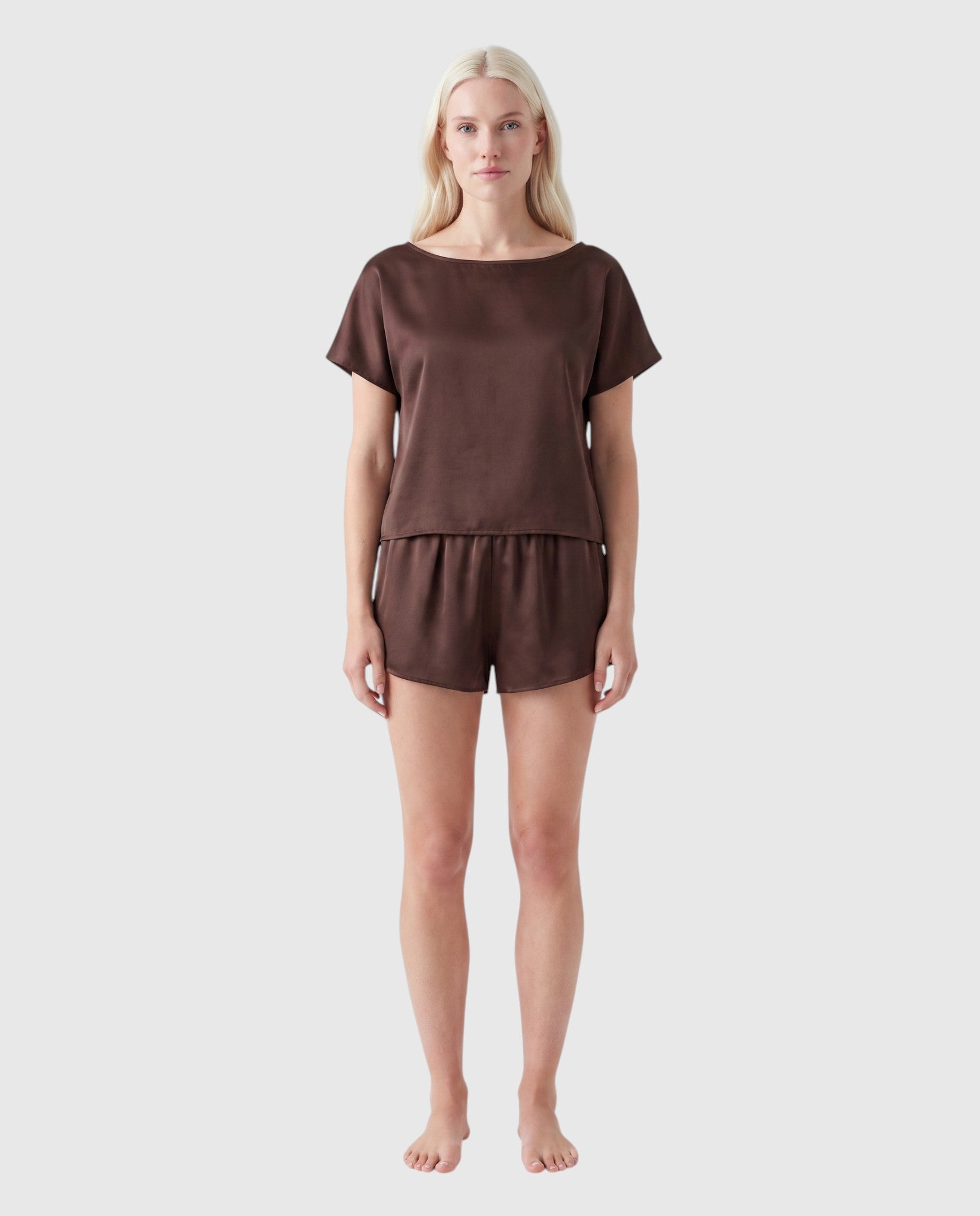 silk boat neck top in cocoa