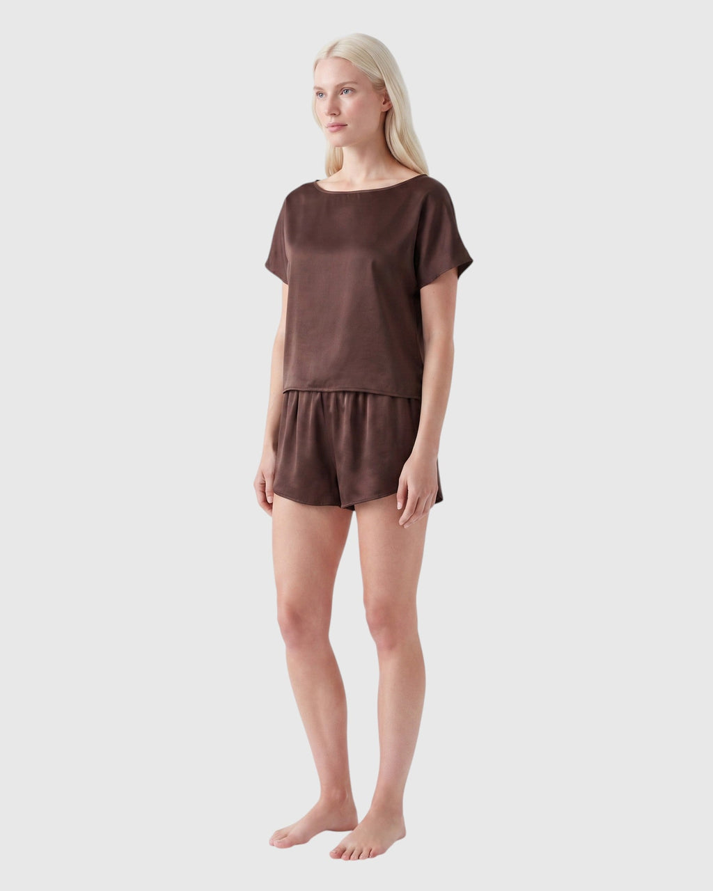 silk boat neck top in cocoa