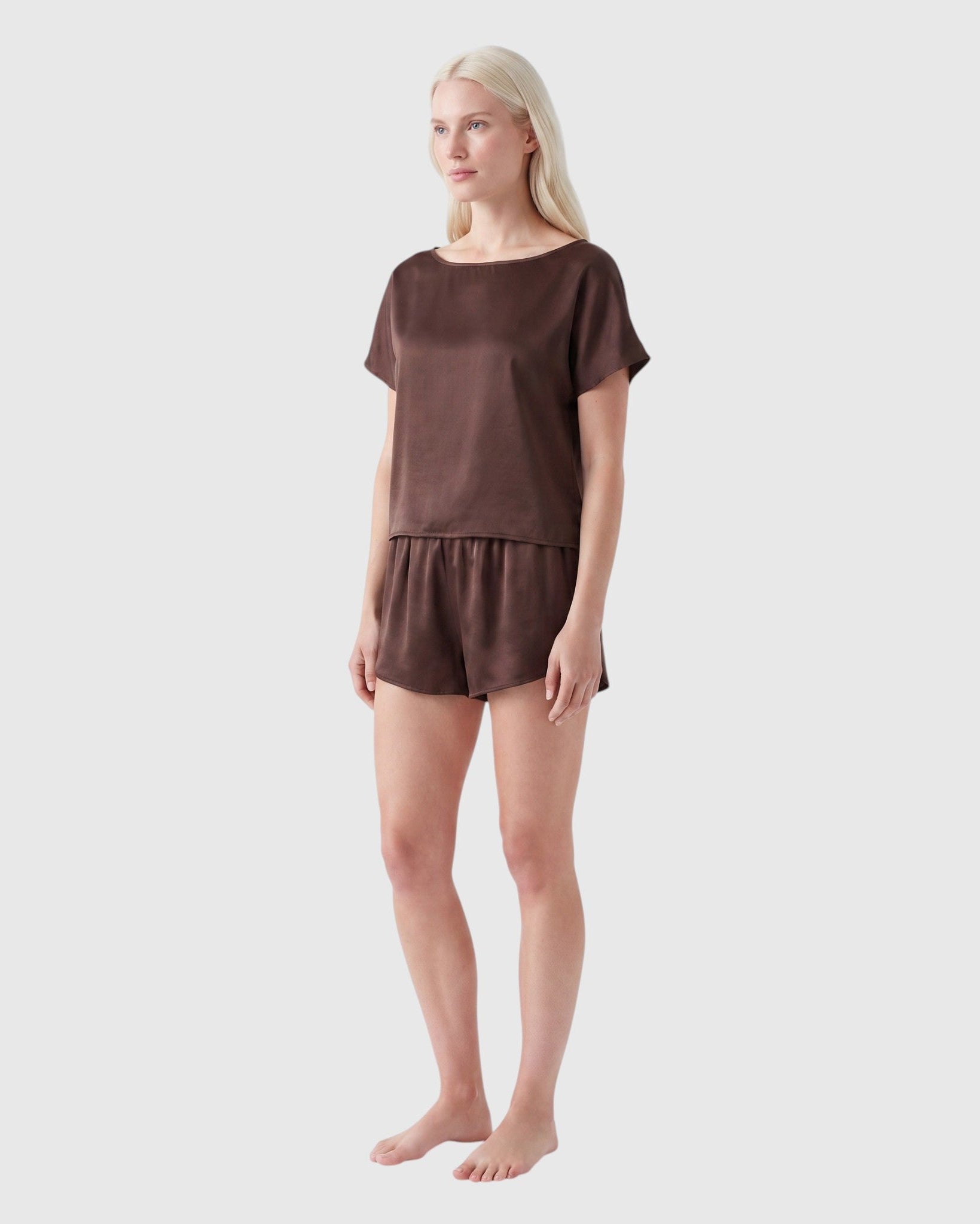 silk boat neck top in cocoa