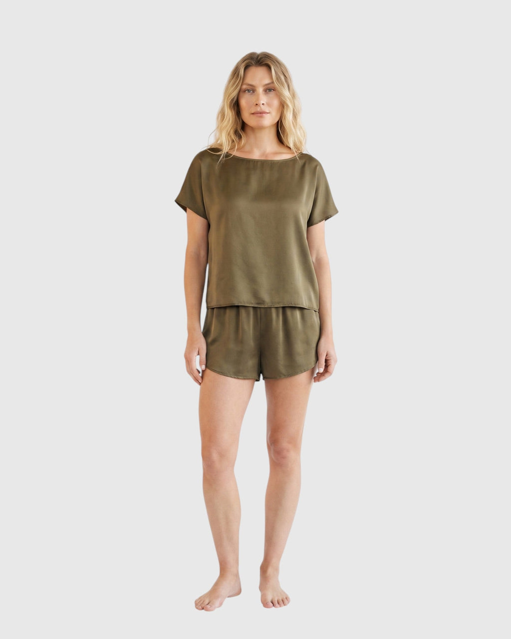 silk boat neck top in olive