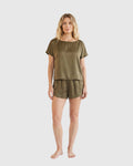 silk boat neck top in olive