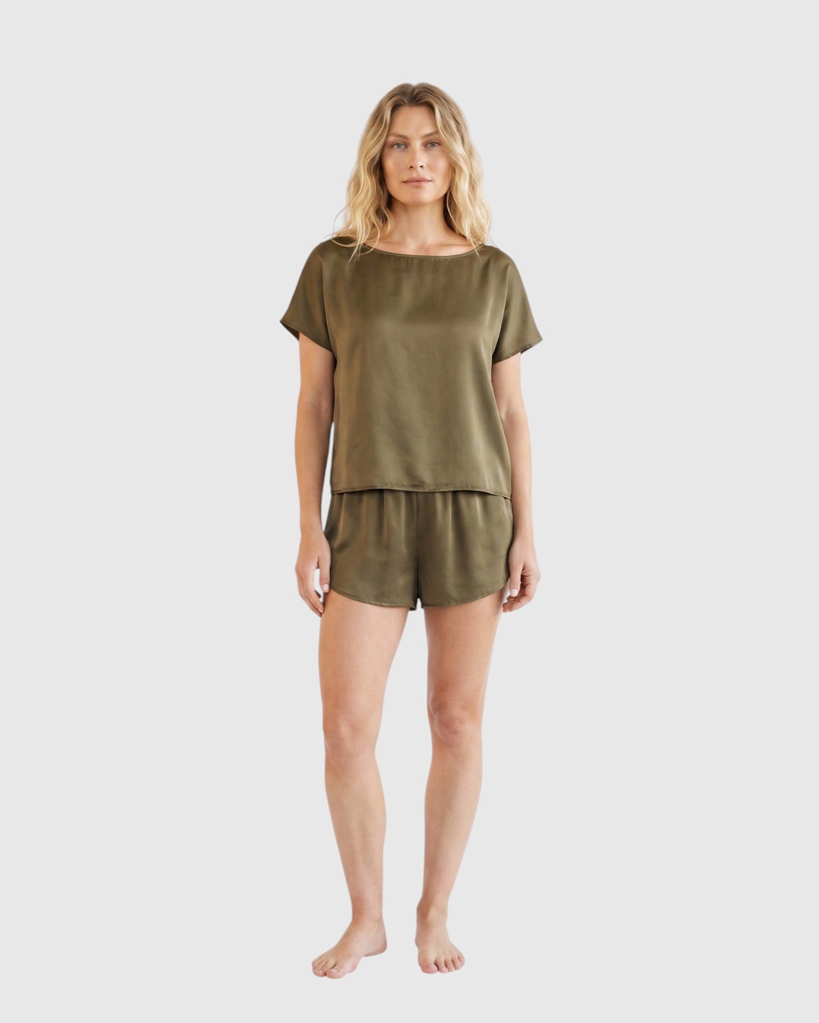 silk boat neck top in olive