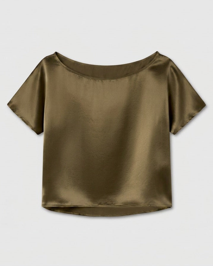 silk boat neck top in olive