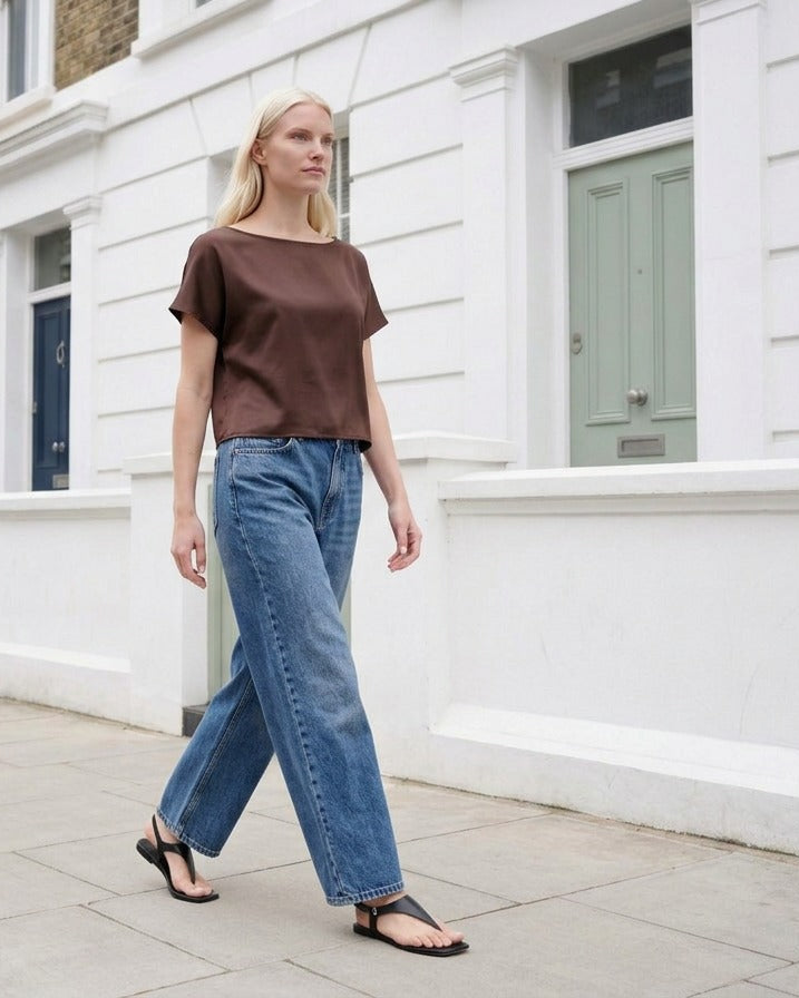 silk boat neck top in cocoa